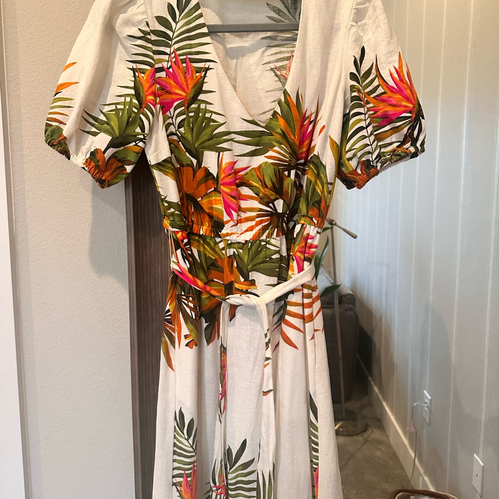 Tropical White Maxi Dress With Pink & Orange Floral Print. Linen Blend.
